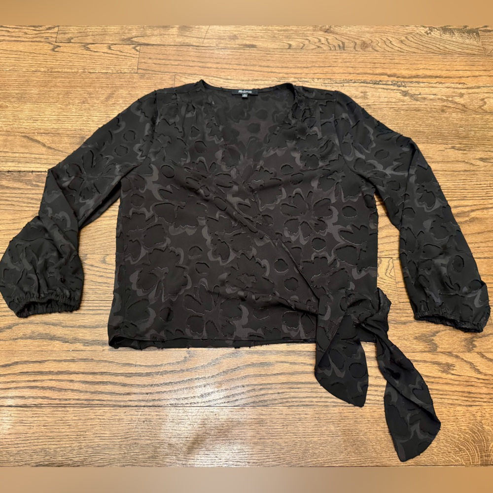 Madewell Black Floral Jacquard Wrap Blouse Size Medium Tie Waist Ballerina Top